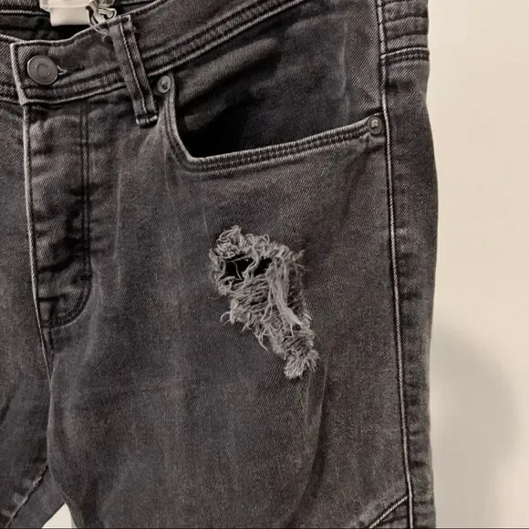 Gap + Stampd + GQ Size 33x30 Mens Black Moto Distressed Black Denim Jeans Button - Picture 5 of 9